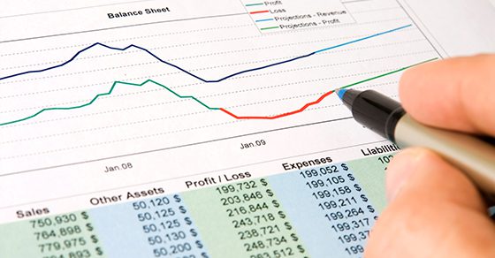 business financial statements with bar charts indicating increases and decreases