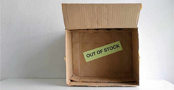Closeup OUT OF STOCK sign inside of an empty box indicating supply shortages | LIFO Method Warning to Retailers and Businesses | Dalby Wendland & Co | CPAs | Business Advisors | Grand Junction CO | Glenwood Springs CO | Montrose CO  