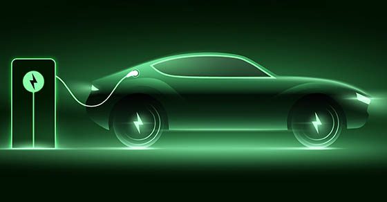 Electric car charging on the station, vector illustration. Green neon glowing EV vehicle filling up a battery. Modern hybrid SUV or sports car design with voltage symbol on the wheels | the electric vehicle tax credit | Dalby Wendland & Co. | CPAs | Business Advisors 